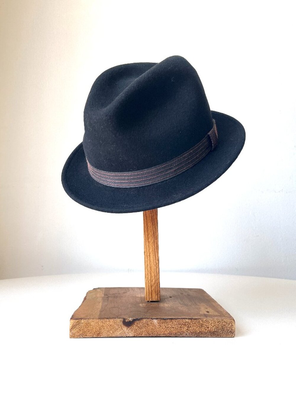 Mens Broner Black Wool Felt & Striped Grosgrain Band Fedora Hat Size Medium